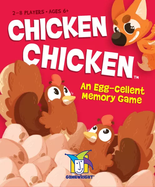 The game Chicken Chicken by Gamewright features colorful artwork with cartoon chickens and a playful fox on the cover. It is designed for 2-8 players, ages 6 and up, and promotes memory skills in a fun and engaging way.