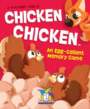 The game Chicken Chicken by Gamewright features colorful artwork with cartoon chickens and a playful fox on the cover. It is designed for 2-8 players, ages 6 and up, and promotes memory skills in a fun and engaging way.