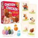 The Chicken Chicken game by Gamewright features a colorful box with fun illustrations of chickens and eggs. Accompanying the box are several game cards depicting animals and eggs, as well as colorful egg tokens in various shades. The game is designed for 2-8 players, ages 6 and up, and promotes memory skills in a playful setting.