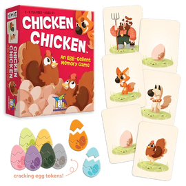 The Chicken Chicken game by Gamewright features a colorful box with fun illustrations of chickens and eggs. Accompanying the box are several game cards depicting animals and eggs, as well as colorful egg tokens in various shades. The game is designed for 2-8 players, ages 6 and up, and promotes memory skills in a playful setting.