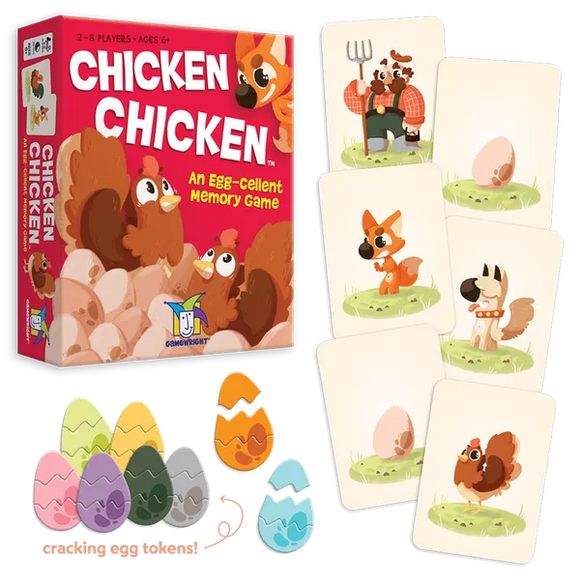 The Chicken Chicken game by Gamewright features a colorful box with fun illustrations of chickens and eggs. Accompanying the box are several game cards depicting animals and eggs, as well as colorful egg tokens in various shades. The game is designed for 2-8 players, ages 6 and up, and promotes memory skills in a playful setting.