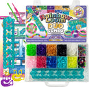Rainbow Loom Duo Jewel Combo DIY bracelet-making kit featuring 300 colorful bands in assorted shades, including pink, purple, and clear. The set includes two looms, two hooks, and 4,000 rubber bands, with a variety of beads and instruction guide for creating intricate jewelry designs. Ideal for children ages 7 and up, promoting creativity and fine motor skills.