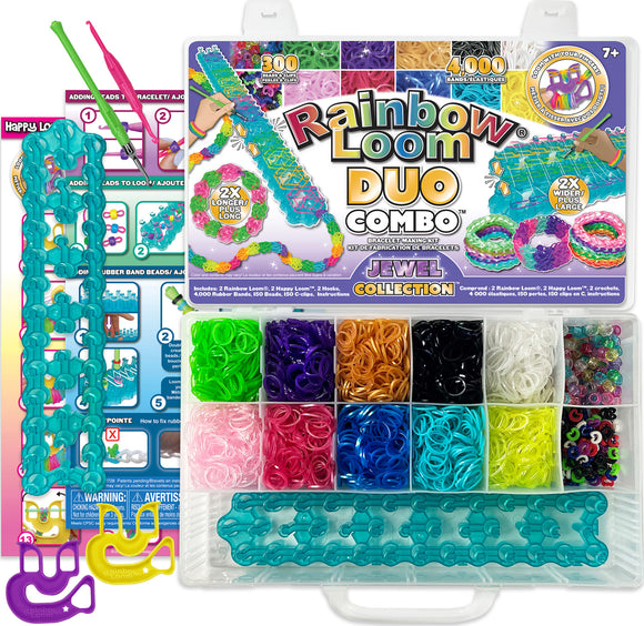 Rainbow Loom Duo Jewel Combo DIY bracelet-making kit featuring 300 colorful bands in assorted shades, including pink, purple, and clear. The set includes two looms, two hooks, and 4,000 rubber bands, with a variety of beads and instruction guide for creating intricate jewelry designs. Ideal for children ages 7 and up, promoting creativity and fine motor skills.