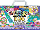 The Rainbow Loom Duo Jewel Combo is a vibrant DIY bracelet-making kit featuring 4000 colorful rubber bands, 300 beads, clips, and two looms. Ideal for creating unique bracelets, the set promotes creativity and hands-on fun for ages 7 and up. The box displays the finished bracelet designs, showing various patterns and colors, emphasizing the joy of crafting with friends and family.
