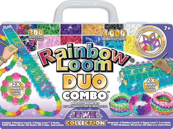 The Rainbow Loom Duo Jewel Combo is a vibrant DIY bracelet-making kit featuring 4000 colorful rubber bands, 300 beads, clips, and two looms. Ideal for creating unique bracelets, the set promotes creativity and hands-on fun for ages 7 and up. The box displays the finished bracelet designs, showing various patterns and colors, emphasizing the joy of crafting with friends and family.