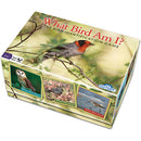 What Bird Am I? game box featuring a vibrant illustration of various birds. The box displays a robin, an owl, and other bird species, indicating it's a bird identification game from Outset Media Games. The design is colorful with lush greenery in the background, capturing the essence of birdwatching.