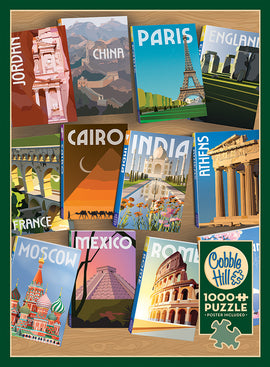 A colorful jigsaw puzzle box titled "Where to Next?" by Cobble Hill, featuring stunning illustrations of iconic landmarks from various countries including Paris, Cairo, and the Great Wall of China. The puzzle contains 1000 pieces and includes a poster for reference.