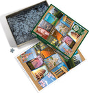 Cobble Hill jigsaw puzzle titled 'Where to Next?'. The box contains multiple uniquely shaped pieces and a colorful image of various travel destinations including Paris, Moscow, and India, designed to inspire wanderlust.