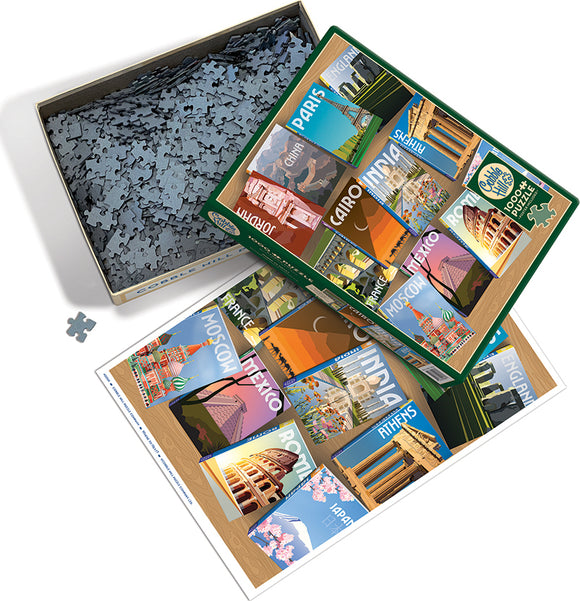 Cobble Hill jigsaw puzzle titled 'Where to Next?'. The box contains multiple uniquely shaped pieces and a colorful image of various travel destinations including Paris, Moscow, and India, designed to inspire wanderlust.