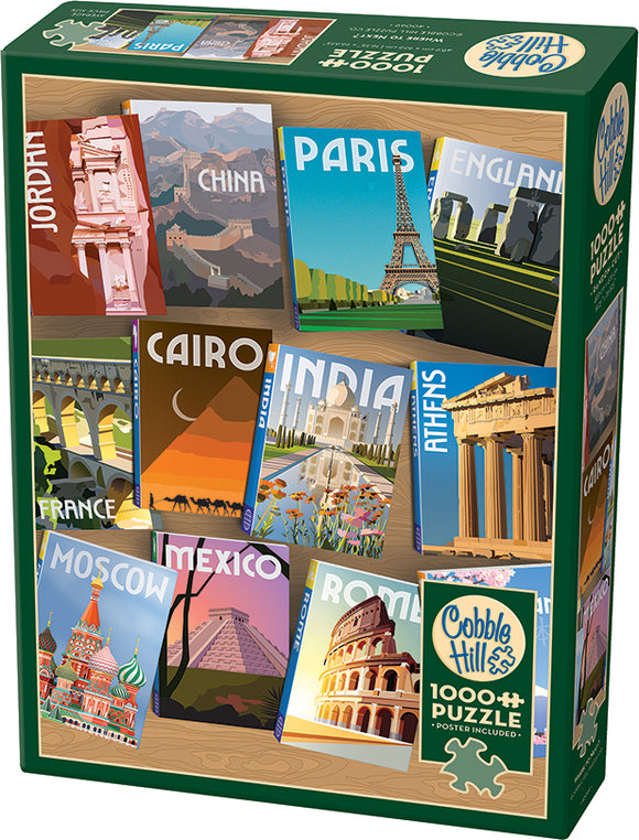 Where to Next? jigsaw puzzle by Cobble Hill featuring vibrant travel-themed artwork. The box showcases iconic landmarks and destinations such as the Eiffel Tower in Paris, the Great Wall of China, and the Colosseum in Rome. It contains 1000 pieces and includes a poster for reference.