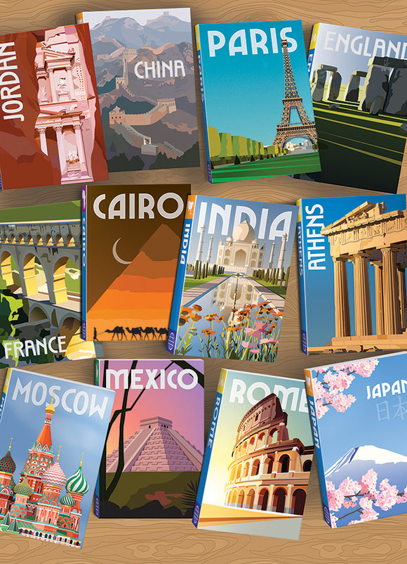 Where to Next? jigsaw puzzle by Cobble Hill featuring colorful artistic representations of famous landmarks from around the world, including the Eiffel Tower, Taj Mahal, and more on the puzzle pieces.