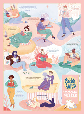 A colorful jigsaw puzzle titled 'Literary Women' by Cobble Hill featuring illustrations of diverse women engaged in reading, surrounded by quotes from famous female authors. The design blends various serene settings and vibrant colors, capturing a celebration of literature and femininity.