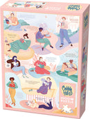 Cobble Hill's Literary Women jigsaw puzzle featuring an illustration of diverse women engaged in reading activities amidst a colorful background. The puzzle contains 1000 pieces and includes a poster guide.