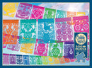 Colorful Papel Picado jigsaw puzzle by Cobble Hill featuring an array of intricately designed papel picado banners with floral and skull motifs. The puzzle contains 500 pieces and includes a poster for reference.