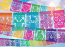 A vibrant jigsaw puzzle titled 'Papel Picado' by Cobble Hill, featuring beautifully designed papel picado banners in bright colors such as yellow, orange, green, pink, and purple, adorned with intricate patterns including skulls, flowers, and birds against a serene sky backdrop.