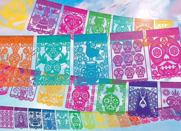 A vibrant jigsaw puzzle titled 'Papel Picado' by Cobble Hill, featuring beautifully designed papel picado banners in bright colors such as yellow, orange, green, pink, and purple, adorned with intricate patterns including skulls, flowers, and birds against a serene sky backdrop.