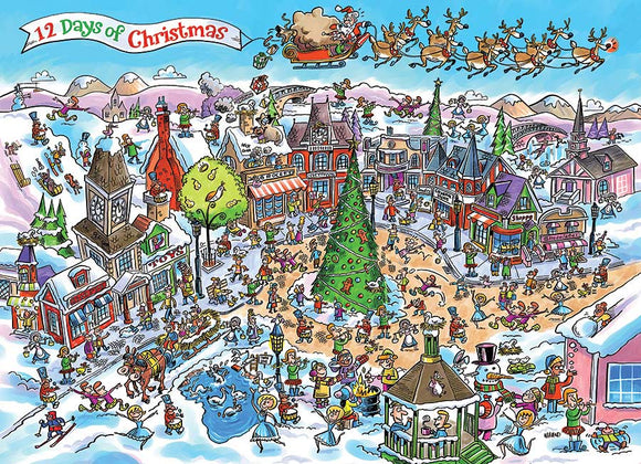 A colorful jigsaw puzzle illustration titled '12 Days of Christmas' featuring a lively winter scene in DoodleTown. The artwork showcases a charming town square with festive decorations, a large Christmas tree, and various characters engaging in winter activities such as ice skating and caroling. A sleigh with reindeer flies above, while people gather around buildings adorned with holiday cheer.