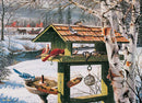 The Backyard Banquet jigsaw puzzle by Cobble Hill features a winter scene with various colorful birds feeding at a birdhouse and bird feeder. Snow falls gently in the background, where a serene landscape of a farm with red barns, a frozen stream, and evergreen trees enhances the cozy atmosphere. This intricate puzzle invites nature lovers to immerse themselves in the beauty of a snowy day.