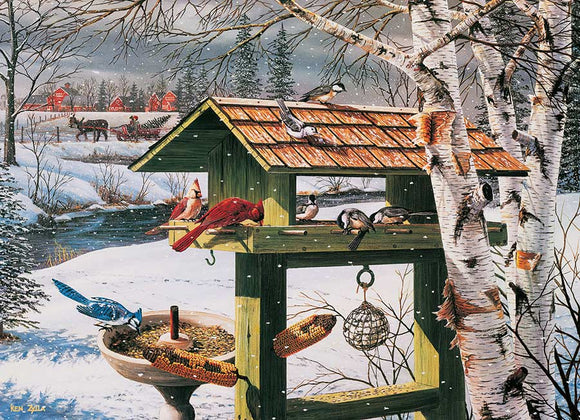 The Backyard Banquet jigsaw puzzle by Cobble Hill features a winter scene with various colorful birds feeding at a birdhouse and bird feeder. Snow falls gently in the background, where a serene landscape of a farm with red barns, a frozen stream, and evergreen trees enhances the cozy atmosphere. This intricate puzzle invites nature lovers to immerse themselves in the beauty of a snowy day.
