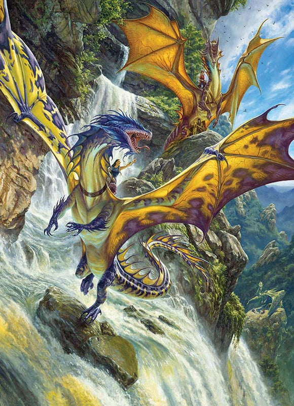 Vibrant and intricate jigsaw puzzle featuring two majestic dragons soaring above a stunning waterfall. One dragon is blue with striking yellow patterns, carrying a rider, while the other dragon is orange with regal wings. The scenery showcases lush greenery and rocky cliffs, creating a magical atmosphere.