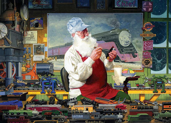 A whimsical scene featuring Santa Claus working at a cluttered workshop desk filled with model trains and tools. He wears an apron over his traditional outfit and a blue cap, meticulously adjusting a miniature train part while surrounded by colorful toy trains and a backdrop of a train painting. The workshop is adorned with various railroad signs and illustrations, evoking a cozy, festive atmosphere perfect for puzzle enthusiasts.