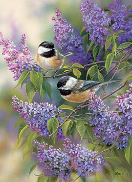 A Jigsaw puzzle featuring two chickadees perched on lilac branches, surrounded by vibrant purple flowers. The artwork captures the beauty of nature with detailed illustrations. Perfect for nature lovers and puzzle enthusiasts.