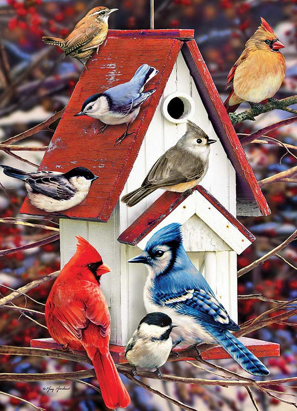 A colorful jigsaw puzzle featuring various birds perched around a charming birdhouse. The scene includes a red cardinal, blue jay, and several small birds, showcasing vibrant colors and intricate details that depict a winter wonderland.