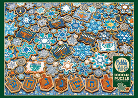 A vibrant jigsaw puzzle featuring an array of beautifully decorated Hanukkah cookies in various shapes including dreidels and stars. The cookies are adorned with intricate designs and blue, white, and gold colors, perfect for celebrating the holiday spirit. The puzzle consists of 1000 pieces and includes a poster for reference.