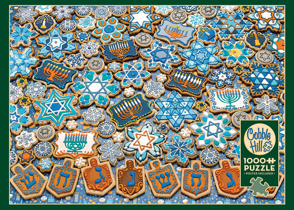 A vibrant jigsaw puzzle featuring an array of beautifully decorated Hanukkah cookies in various shapes including dreidels and stars. The cookies are adorned with intricate designs and blue, white, and gold colors, perfect for celebrating the holiday spirit. The puzzle consists of 1000 pieces and includes a poster for reference.