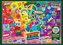 Pride jigsaw puzzle by Cobble Hill featuring colorful graphics celebrating LGBTQ+ themes including love, diversity, and history. The vibrant design includes various pride flags, balloons, and messages like 'Love Wins' and 'Kindness, Peace, Equality'. This 1000+ piece puzzle creates a joyful depiction of pride and unity.