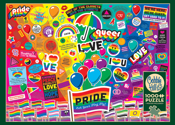 Pride jigsaw puzzle by Cobble Hill featuring colorful graphics celebrating LGBTQ+ themes including love, diversity, and history. The vibrant design includes various pride flags, balloons, and messages like 'Love Wins' and 'Kindness, Peace, Equality'. This 1000+ piece puzzle creates a joyful depiction of pride and unity.