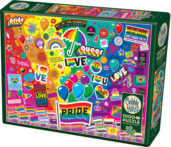 Cobble Hill Pride Jigsaw Puzzle featuring a vibrant collage of LGBTQ+ themes, symbols, and colorful illustrations. The puzzle showcases messages of love, inclusivity, and diversity, including pride flags, balloons, and various empowering slogans. Perfect for puzzle enthusiasts and allies celebrating LGBTQ+ culture.