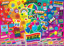 The Pride jigsaw puzzle by Cobble Hill features a vibrant collage of rainbow-themed graphics celebrating LGBTQ+ pride. It includes colorful balloons, symbols for love and peace, and iconic phrases like 'Love Wins,' along with prominent imagery representing equality and diversity. The background is a mix of bright colors, enhancing the joyful and inclusive theme of the puzzle.