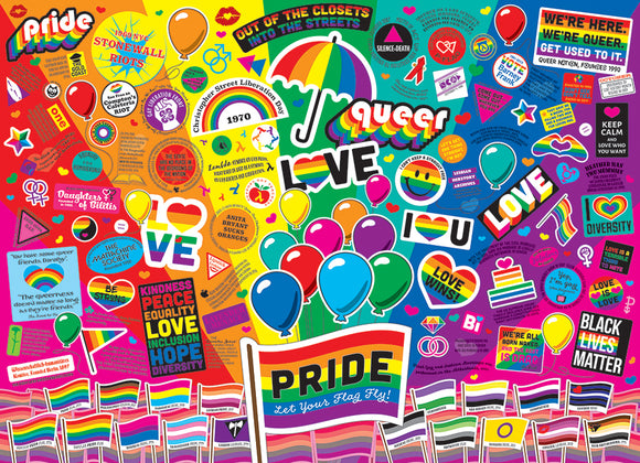The Pride jigsaw puzzle by Cobble Hill features a vibrant collage of rainbow-themed graphics celebrating LGBTQ+ pride. It includes colorful balloons, symbols for love and peace, and iconic phrases like 'Love Wins,' along with prominent imagery representing equality and diversity. The background is a mix of bright colors, enhancing the joyful and inclusive theme of the puzzle.