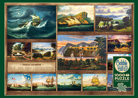 Thomas Chambers jigsaw puzzle by Cobble Hill showcasing 13 beautiful landscape paintings, featuring ships, coastal scenes, and serene waterways. The puzzle includes 1000 pieces and a poster of the artwork for reference, all displayed on a wooden-themed backdrop.