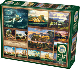 Cobble Hill jigsaw puzzle titled 'Thomas Chambers' featuring a collection of 1000 pieces, showcasing detailed paintings of landscapes, ships, and seascapes. This beautifully illustrated puzzle includes a poster and is designed for puzzle enthusiasts and art lovers alike.