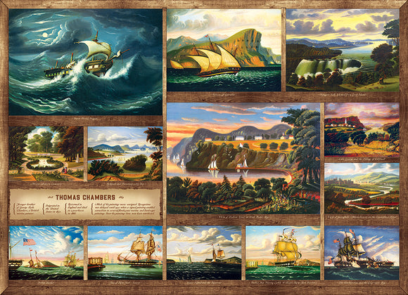 A jigsaw puzzle featuring beautiful artworks by Thomas Chambers, showcasing maritime scenes, landscapes, and historical ships with vivid colors and intricate details.