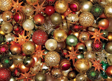 A vibrant assortment of colorful Christmas balls and stars in red, gold, green, and silver. The arrangement includes intricately designed ornaments with glittering details, perfect for holiday decoration or as a festive theme in a jigsaw puzzle.