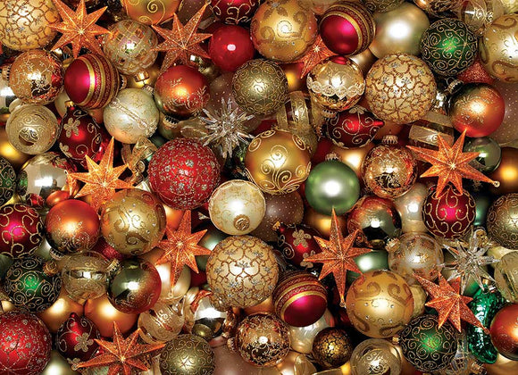 A vibrant assortment of colorful Christmas balls and stars in red, gold, green, and silver. The arrangement includes intricately designed ornaments with glittering details, perfect for holiday decoration or as a festive theme in a jigsaw puzzle.