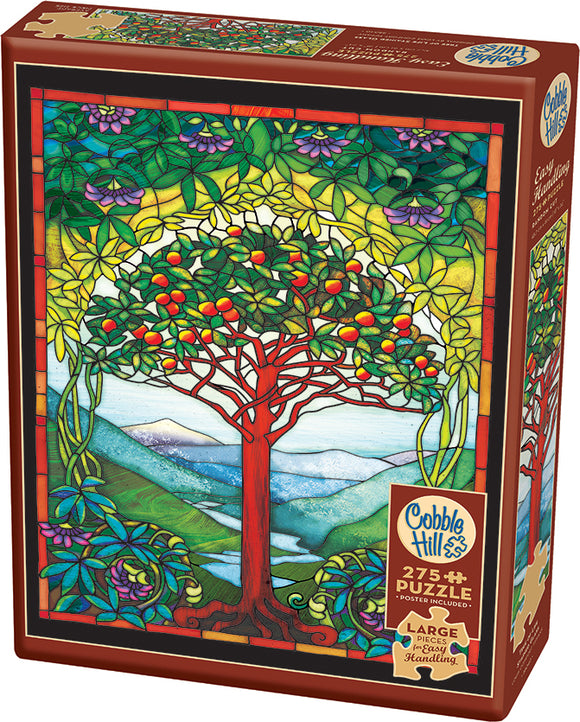 Cobble Hill Tree of Life stained glass jigsaw puzzle featuring a vibrant design with a tree, colorful fruits, and a scenic background of mountains and foliage. The box includes 275 large pieces for easy handling, and a poster for reference.