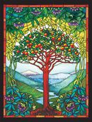 A vibrant stained glass artwork featuring a majestic Tree of Life, adorned with green leaves and red fruits, set against a picturesque landscape of mountains and flowing water. The colorful design includes intricate details and outlines, showcasing a harmonious blend of nature and artistry. This stunning piece is made of 275 jigsaw puzzle pieces by Cobble Hill, perfect for puzzle enthusiasts and art lovers alike.