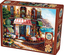 The Cobble Hill jigsaw puzzle titled 'Chez Michelle' features a charming café landscape with vibrant colors. The scene depicts outdoor seating, colorful flowerpots, and picturesque architecture, perfect for puzzle lovers. This puzzle includes 275 large pieces designed for easy handling, and a poster is also included for additional reference.