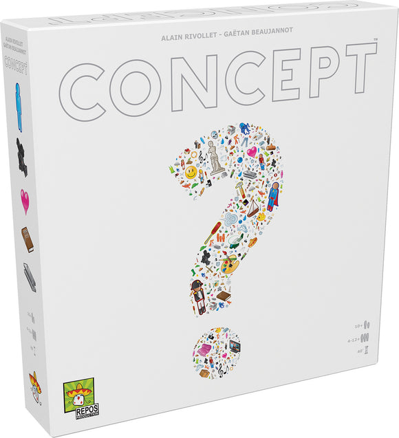 Concept game by Repos featuring a white box with colorful illustrations of various objects, symbols, and characters forming a question mark. Ideal for group fun and creativity.