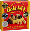 Gobblet board game box showcasing a fun strategy game for 2 players. Features a wooden game board with black and natural wooden pieces. Awards include Best Toy and Dr. Toy 10 Best Games. Encourages strategic thinking and competition.