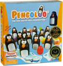 Pengoloo board game by Blue Orange U.S.A. features vibrant wooden penguin pieces and colorful eggs set on a light blue game board. The packaging showcases awards including 'Dr. Toy 10 Best Games' and 'Best Toy Award Gold Seal'. Designed for 2 to 4 players, this fun South Pole eggs-pedition game is suitable for ages 4 and up.