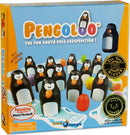 Pengoloo game box featuring colorful wooden penguins and eggs. The title 'Pengoloo' is prominently displayed. The game is designed for 2 to 4 players aged 4 and up, emphasizing fun and family engagement. Award badges highlight its accolades.