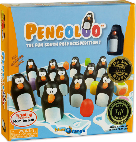 Pengoloo game box featuring colorful wooden penguins and eggs. The title 'Pengoloo' is prominently displayed. The game is designed for 2 to 4 players aged 4 and up, emphasizing fun and family engagement. Award badges highlight its accolades.
