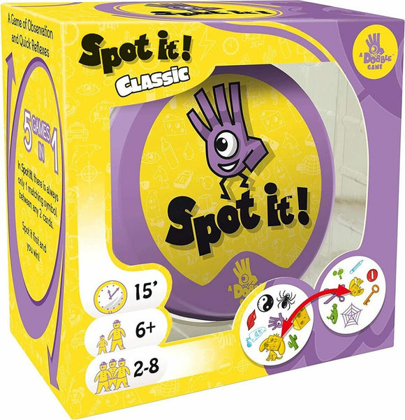 The Spot it! Box by Zygomatic features a colorful design with a prominent purple hand and the game's title, 'Spot it!', in bold letters. The packaging highlights the game's theme of observation and quick reflexes, showcasing that it includes 5 games in 1. The side of the box notes key details such as a 15-minute playtime, suitable for ages 6 and up, and can accommodate 2 to 8 players, making it perfect for family game nights.