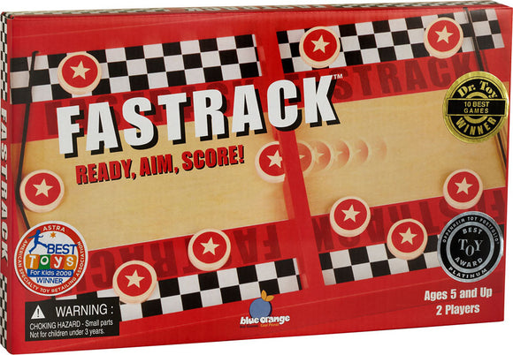 Fastrack game by Blue Orange U.S.A. This engaging game features a bright red and yellow box with star graphics and a checkered border, designed for two players ages 5 and up. The box boasts awards from Dr. Toy showing it as one of the 10 best games. It encourages a fast-paced gameplay experience with a focus on aiming and scoring.