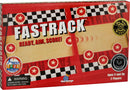 Fastrack game by Blue Orange U.S.A., featuring a vibrant red and yellow box decorated with chessboard patterns and stars. The box highlights 'READY, AIM, SCORE!' and boasts award stickers including 'Astra Best Toys 2009 Winner' and 'Dr. Toy 10 Best Games.' Suitable for 2 players aged 5 and up.
